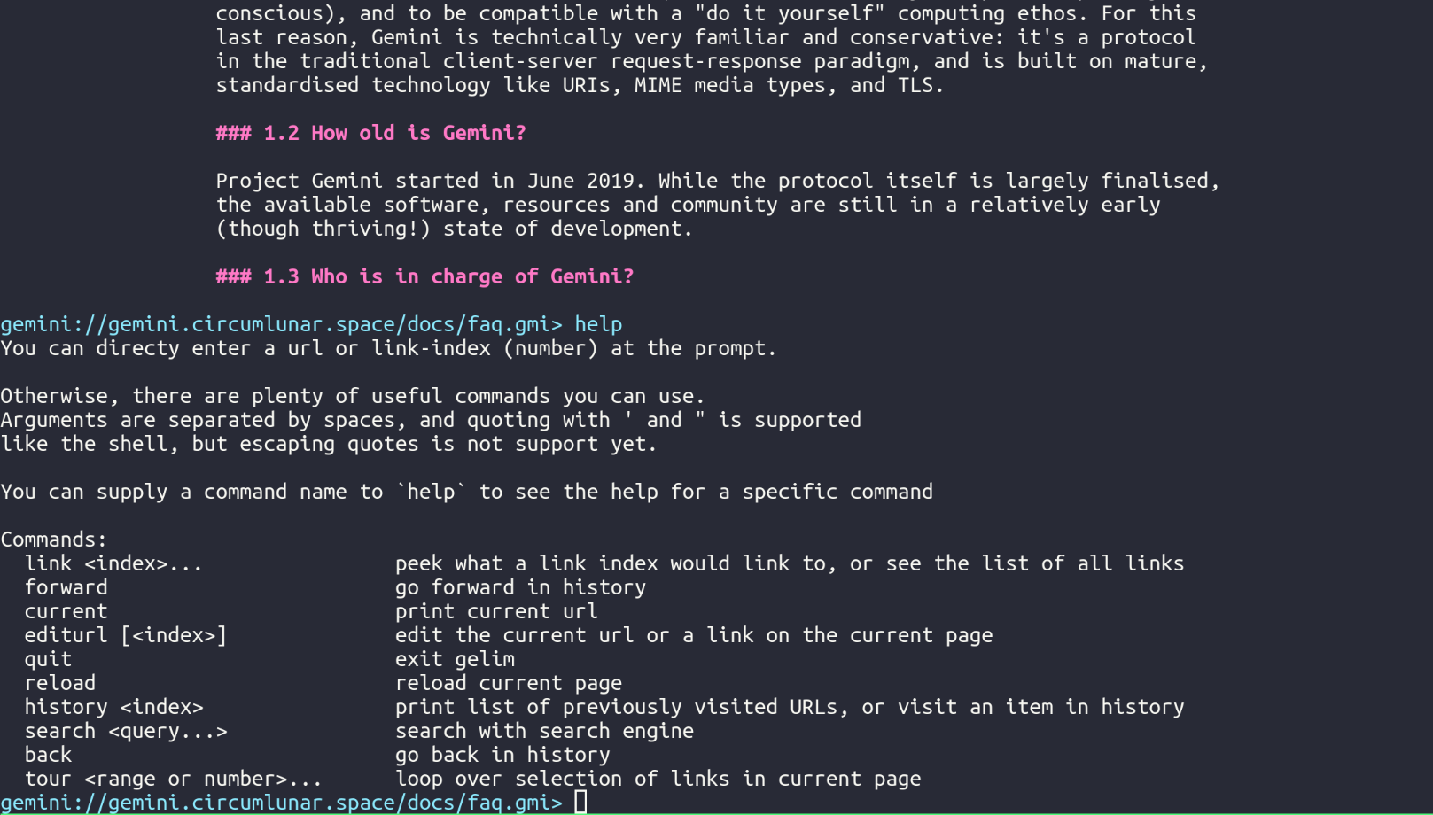 screenshot of help command output